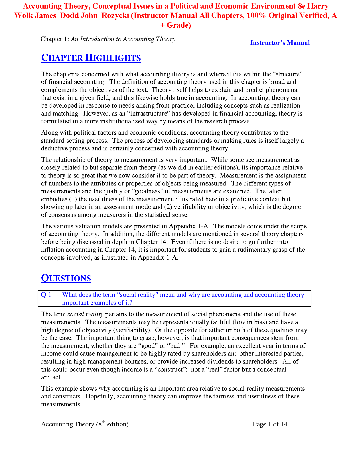 Test Bank for Accounting Theory: Conceptual Issues in a Political and Economic Environment, 8th Edition by Harry I. Wolk, James L. Dodd, and John J. Rozycki