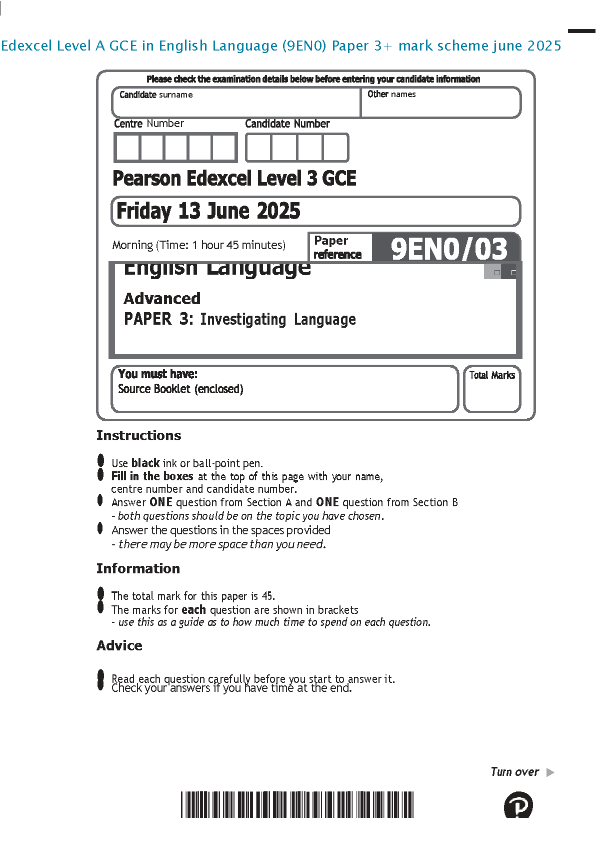 Complete Mark Scheme for Edexcel A Level English Language Paper 3 (9EN0/03) - Investigating Language | June 2025 Series