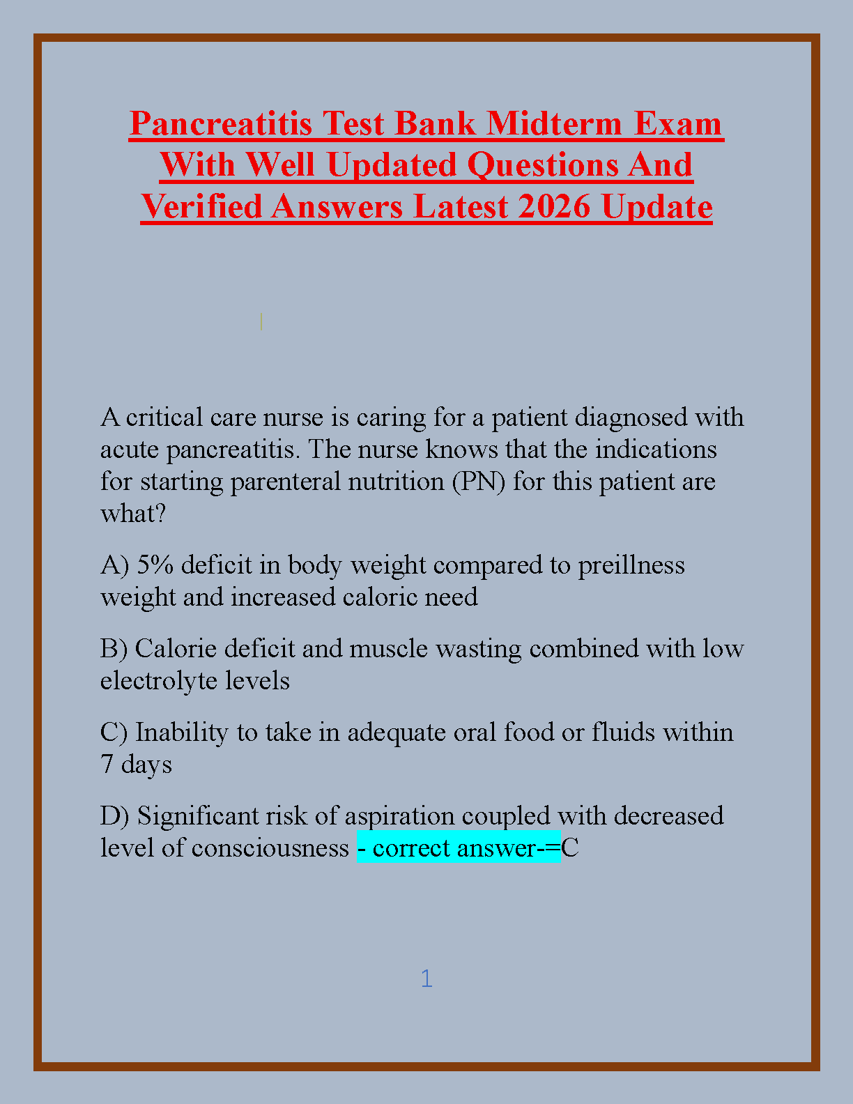 Critical Care Acute Pancreatitis Nursing Test Bank Questions Answers Updated for the 2026 and 2027 Academic Year Medical Surgical