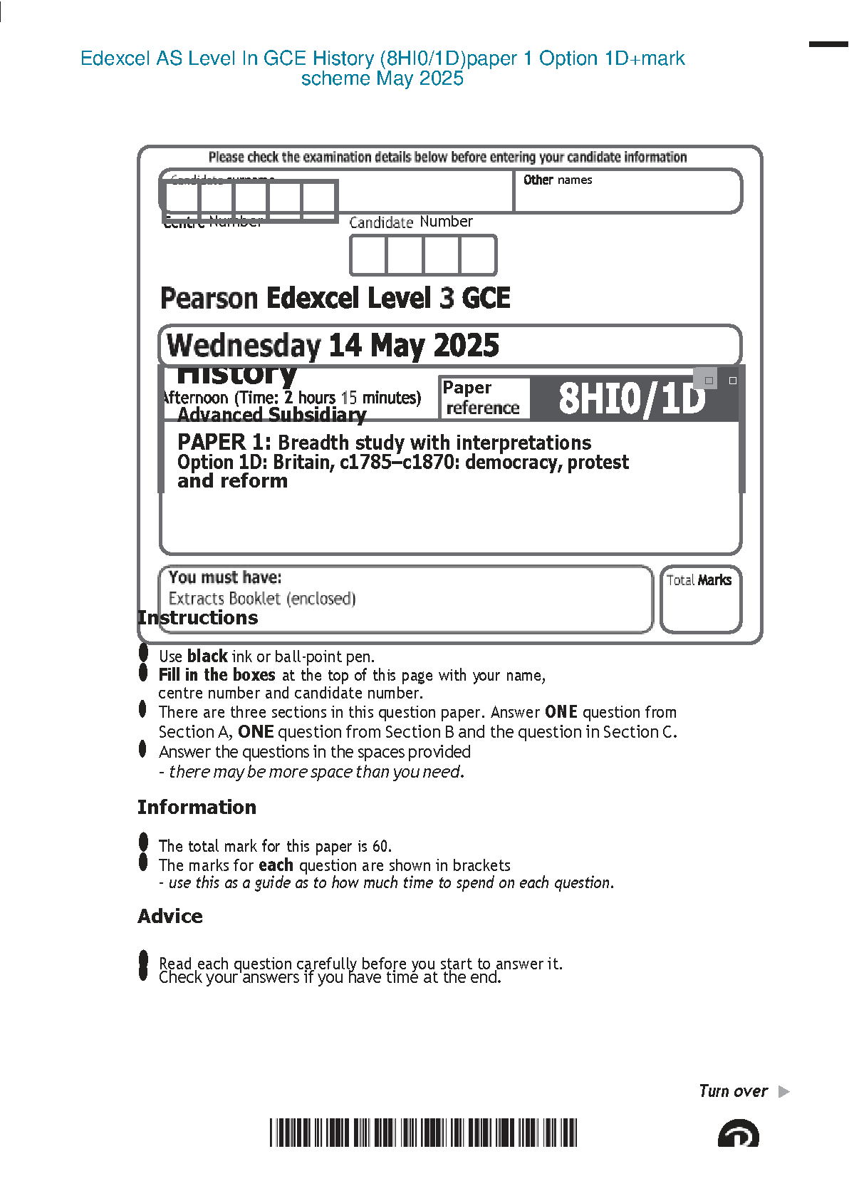 Edexcel AS Level History Paper 1 (8HI0/1D) May 2025 Question Paper and Mark Scheme | Option 1D Britain c1785-c1870 | Latest 2025/2026 Exam Prep to Pass First Time