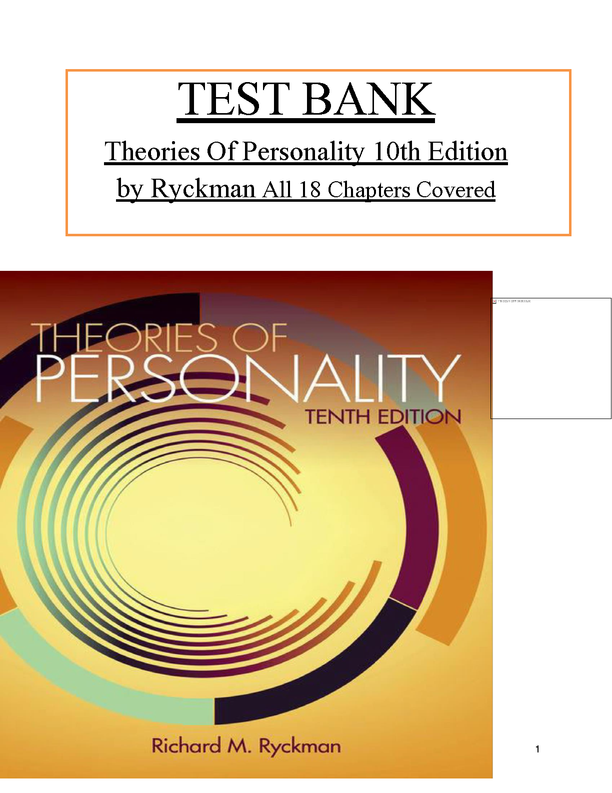 Test Bank for Theories of Personality, 10th Edition by Richard M. Ryckman
