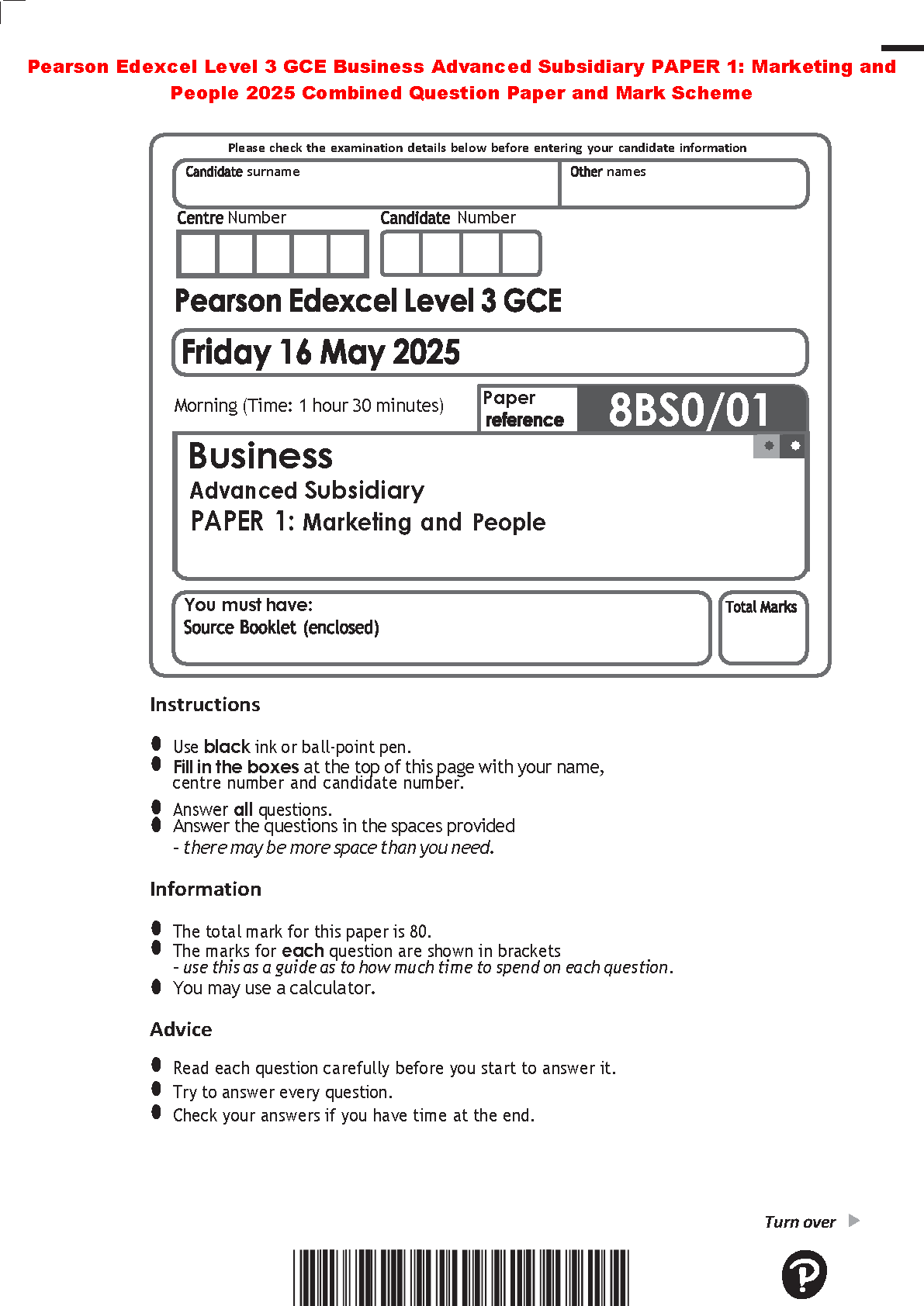 Pearson Edexcel Level 3 GCE Business AS Paper 1 Marketing and People May 2025 Question Paper with Mark Scheme