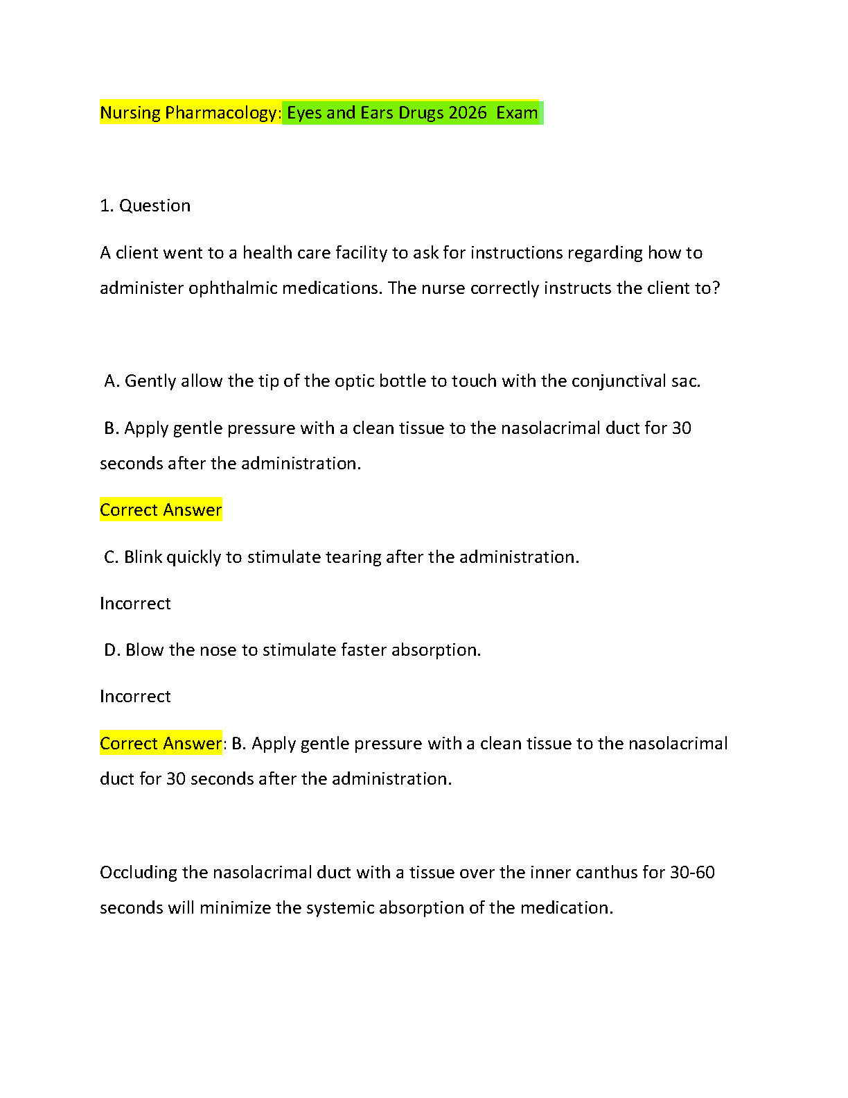 Ophthalmic Medication Administration NCLEX Practice Questions With Rationales Updated For The 2026 2027 Academic Year Study Guide