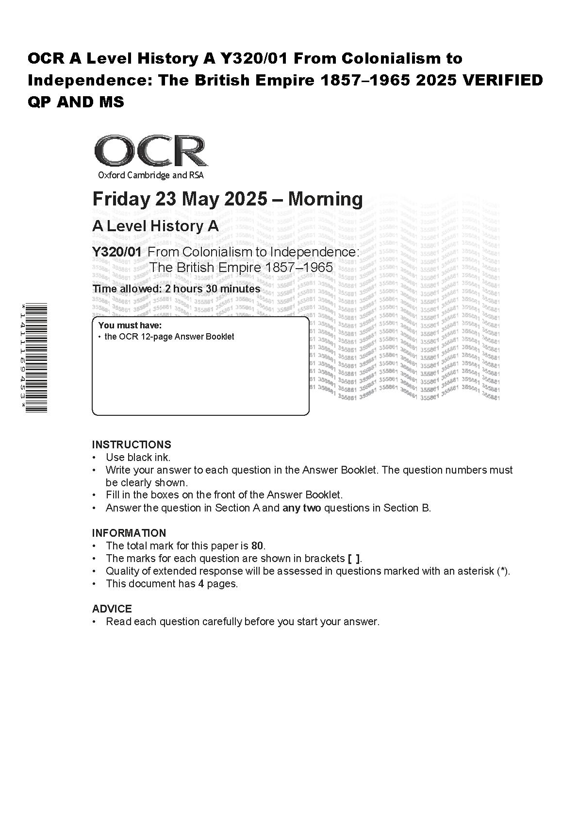 OCR A Level History Y320/01 British Empire 1857-1965 Verified Question Paper and Mark Scheme for the 2026/2027 Academic Year