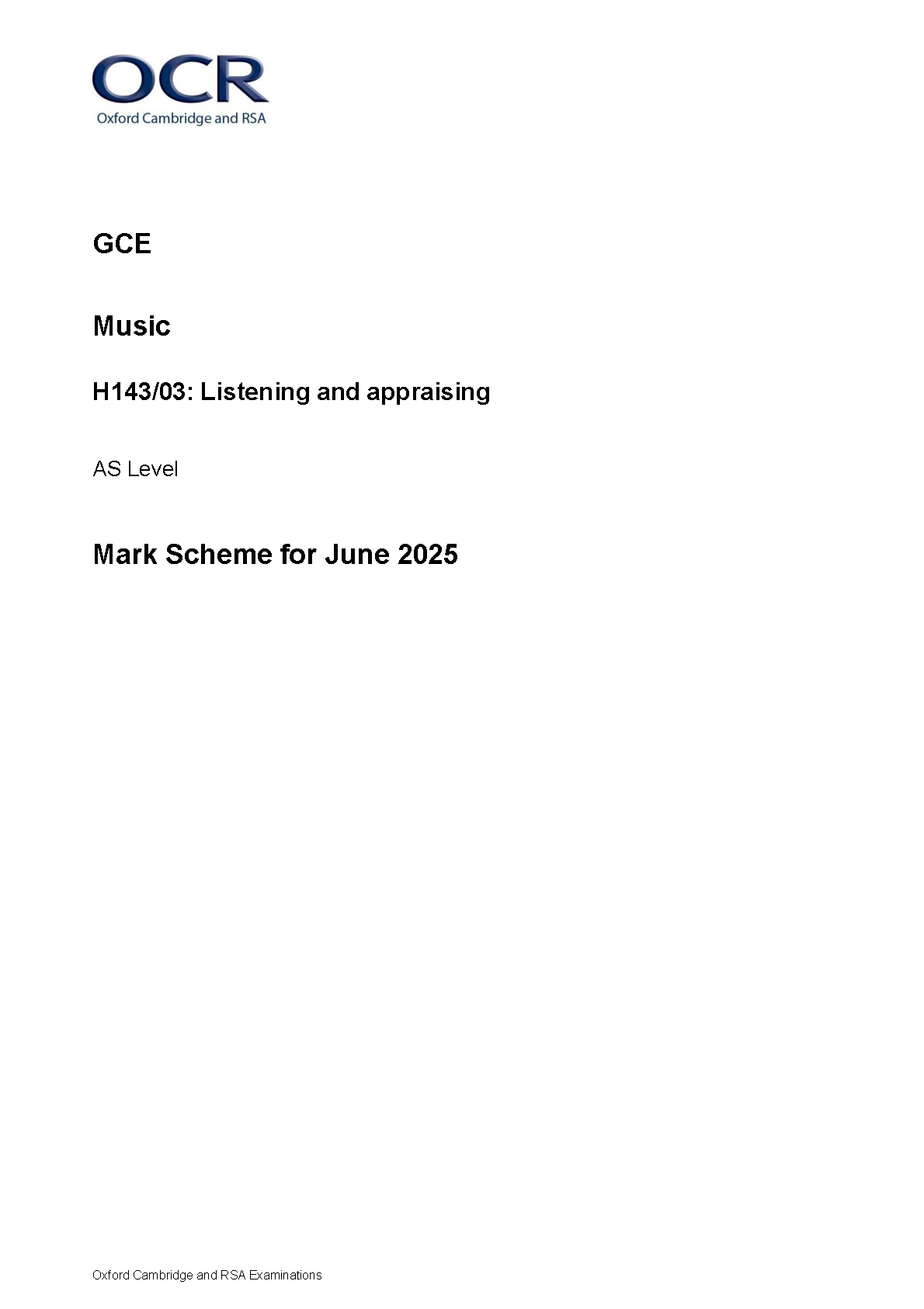 OCR Music H143 AS Level Listening and Appraising Mark Scheme June 2025 AQA Papers & Mark Schemes