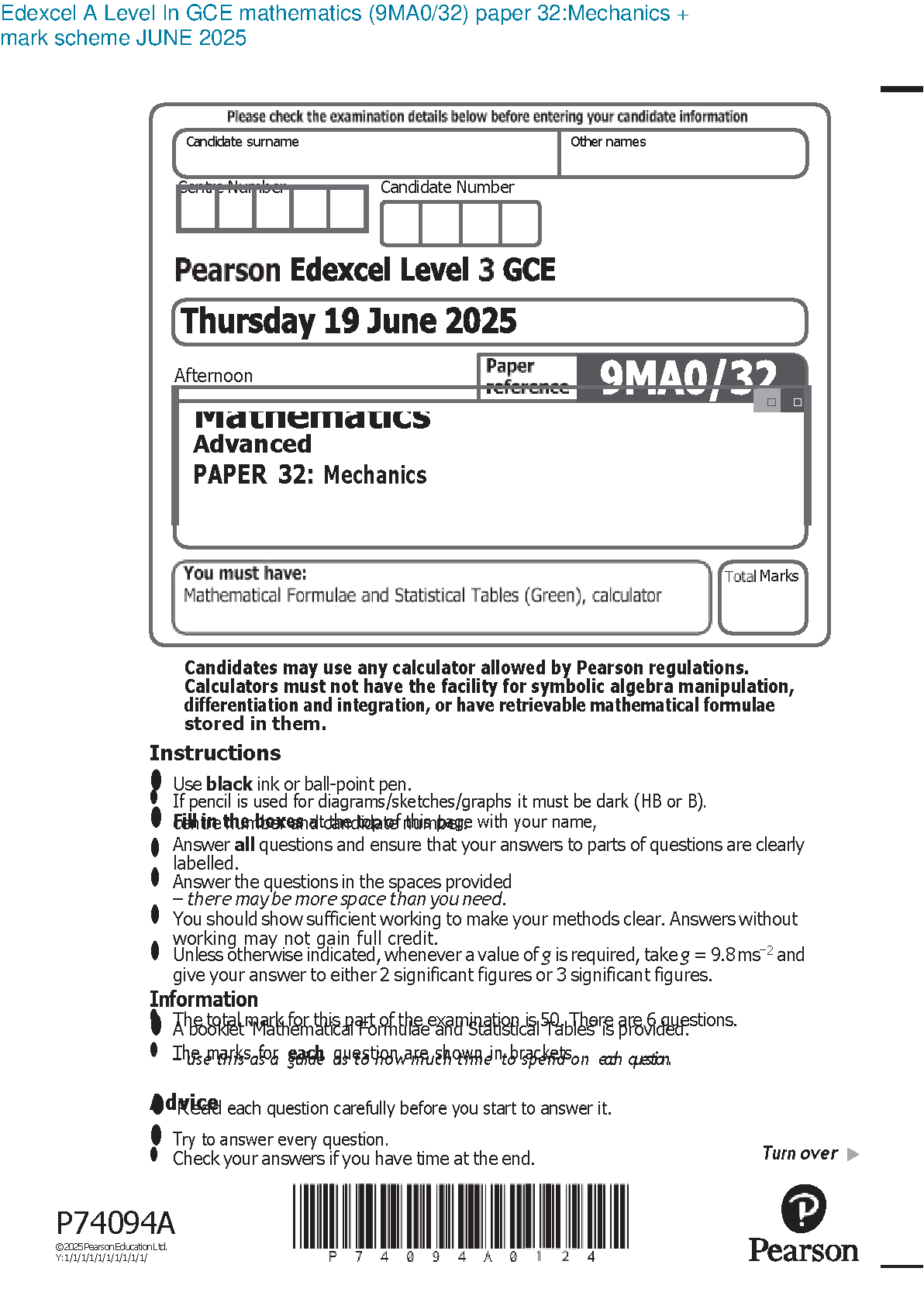 Edexcel A Level Mathematics (9MA0) Paper 32: Mechanics - June 2025 Question Paper and Mark Scheme | Ultimate 2025/2026 Study Guide to Pass First Time