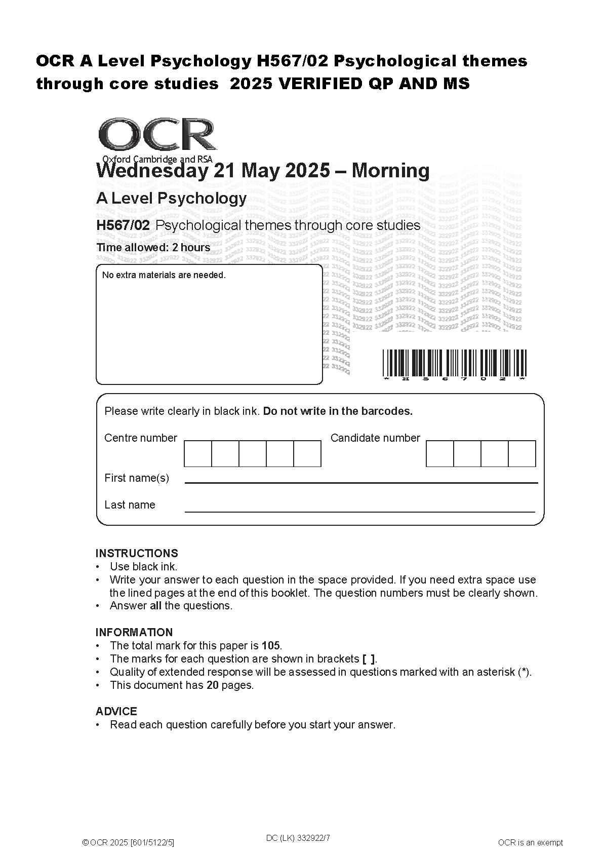 OCR A Level Psychology H567/02 Psychological Themes Through Core Studies May 2025 Verified Question Paper and Mark Scheme