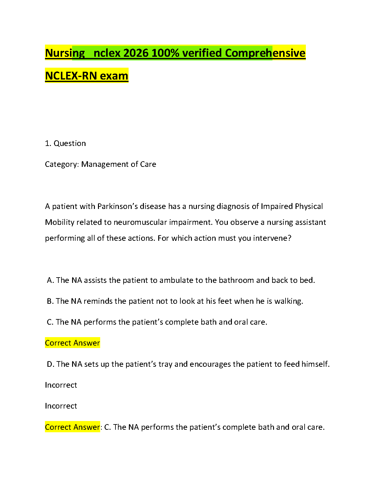 2026/2027 NCLEX RN Practice Questions Management of Care Health Promotion Parkinson Disease Mobility Back Pain Study Guide